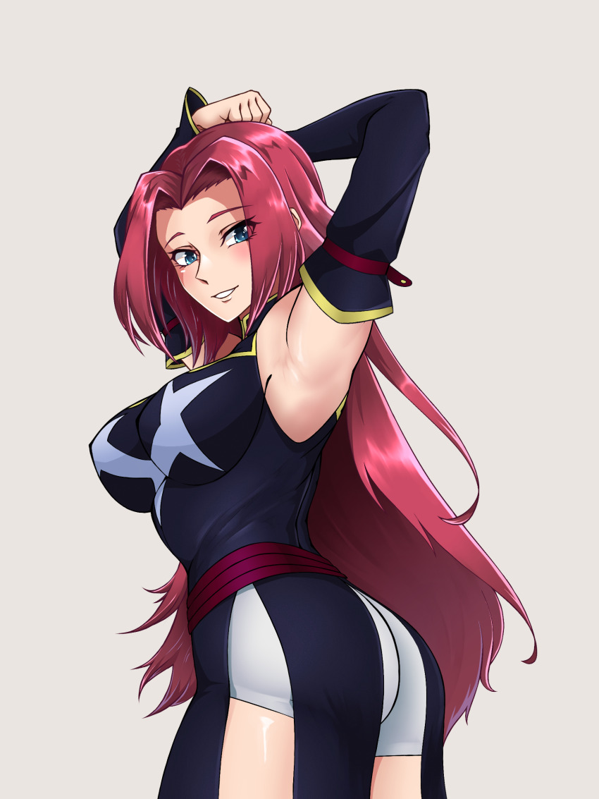 1girl 2023 absurdres alternate_hairstyle armpits black_dress black_sleeves blue_eyes blush breasts code_geass cosplay costume_switch detached_sleeves dress grey_background hands_on_own_head highres kouzuki_kallen large_breasts long_hair n0reception shorts smile solo upper_body white_shorts