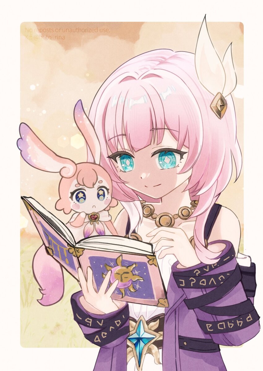 1girl blue_eyes book bottle coat cyrene_(honkai:_star_rail) dress hair_ornament hashtag-only_commentary highres holding holding_bottle honkai:_star_rail honkai_(series) hoto_rina jewelry mem_(honkai:_star_rail) necklace open_book orange_sky pink_fur pink_hair purple_coat sky smile star-shaped_pupils star_(symbol) symbol-shaped_pupils white_dress