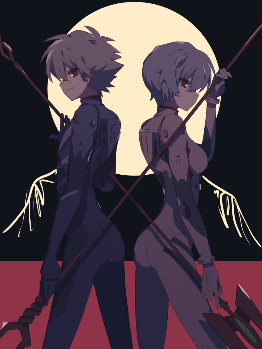 1boy 1girl ayanami_rei black_bodysuit blue_hair bob_cut bodysuit closed_mouth cowboy_shot expressionless grey_hair highres holding holding_polearm holding_weapon interface_headset_(evangelion) lance_of_longinus_(evangelion) looking_at_viewer mecha_pilot_suit nagisa_kaworu neon_genesis_evangelion plugsuit_(evangelion) polearm rebuild_of_evangelion red_eyes shirasunuko short_hair smile spear_of_cassius standing weapon white_bodysuit
