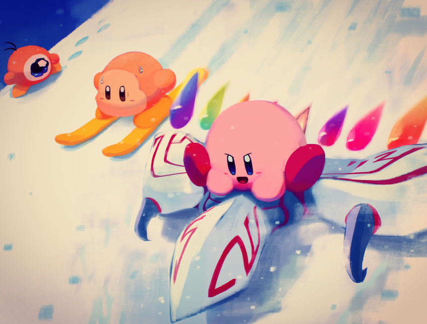 day dragoon_(kirby) frown happy highres kirby kirby_(series) kirby_air_ride mountain nintendo one-eyed open_mouth scenery skiing sky snow surprised suyasuyabi sweat sweatdrop waddle_dee waddle_doo
