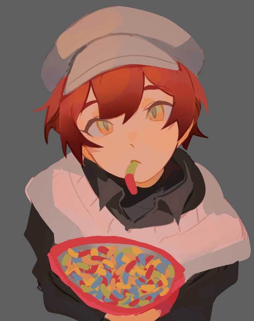 1boy beret black_shirt candy collared_shirt food food_in_mouth from_above grey_background gummy_worm hat highres holostars holostars_english looking_at_viewer machina_x_flayon machina_x_flayon_(2nd_costume) male_focus mararu orange_eyes red_hair shirt short_hair simple_background slit_pupils solo sweater sweater_vest upper_body virtual_youtuber white_hat white_sweater