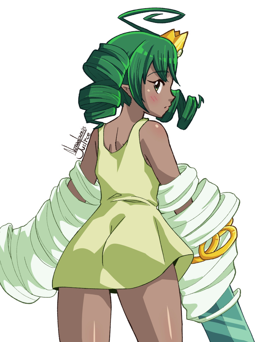 1girl ahoge artist_name back blush closed_mouth crown dark-skinned_female dark_skin dated dress drill_hair female_focus green_dress green_eyes green_hair highres looking_back nanaeljustice original pointy_ears princess_sylph skull_princess:_before_the_red_moon solo sword weapon white_background wind