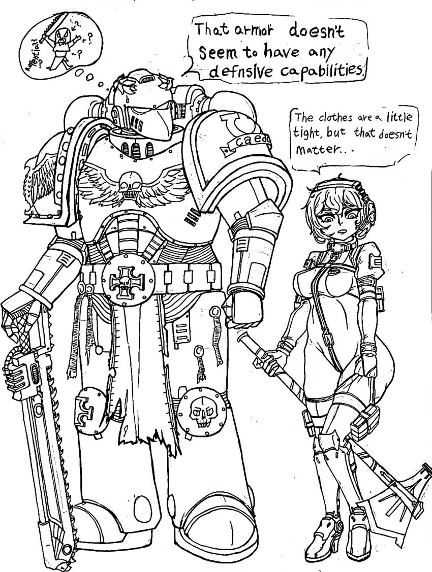 1boy 1girl adeptus_astartes armor axe beyond_citadel boltgun_(game) breasts chainsword chibi chibi_inset crotch_strap english_text gloves highres holding holding_axe holding_weapon loincloth long_sleeves malum_caedo martyr_(the_citadel) medium_breasts navel octofusrodah pouch power_armor purity_seal purple_thighhighs revealing_clothes short_hair sister_repentia skull space_marine speech_bubble talking the_citadel thighhighs ultramarines warhammer_40k weapon white_background winged_skull
