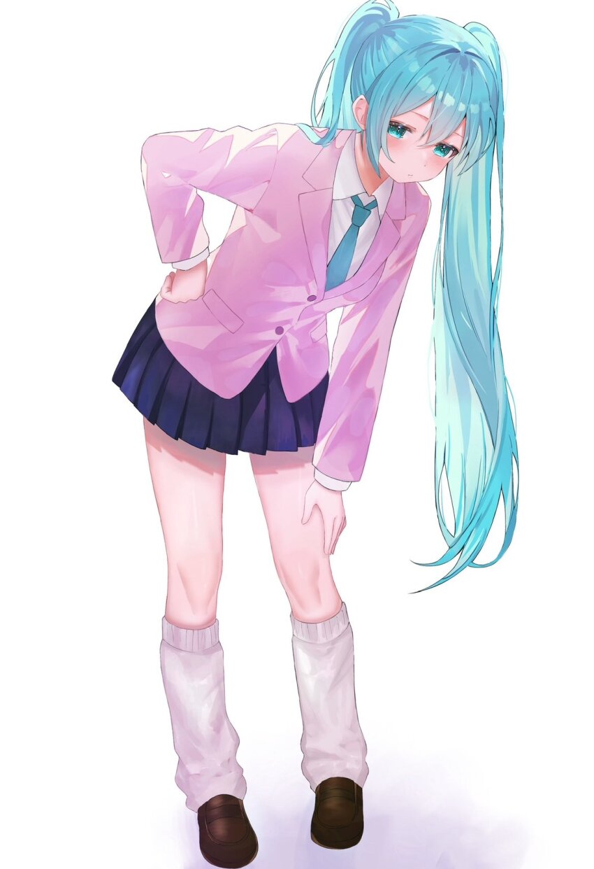1girl aqua_eyes aqua_hair aqua_necktie blue_skirt brown_shoes expressionless full_body hand_on_own_hip hand_on_own_knee hatsune_miku highres jacket leaning_forward loafers long_hair looking_at_viewer loose_socks mamekiti_k necktie pink_jacket pleated_skirt school_uniform shirt shoes skirt socks solo twintails vocaloid white_shirt white_socks