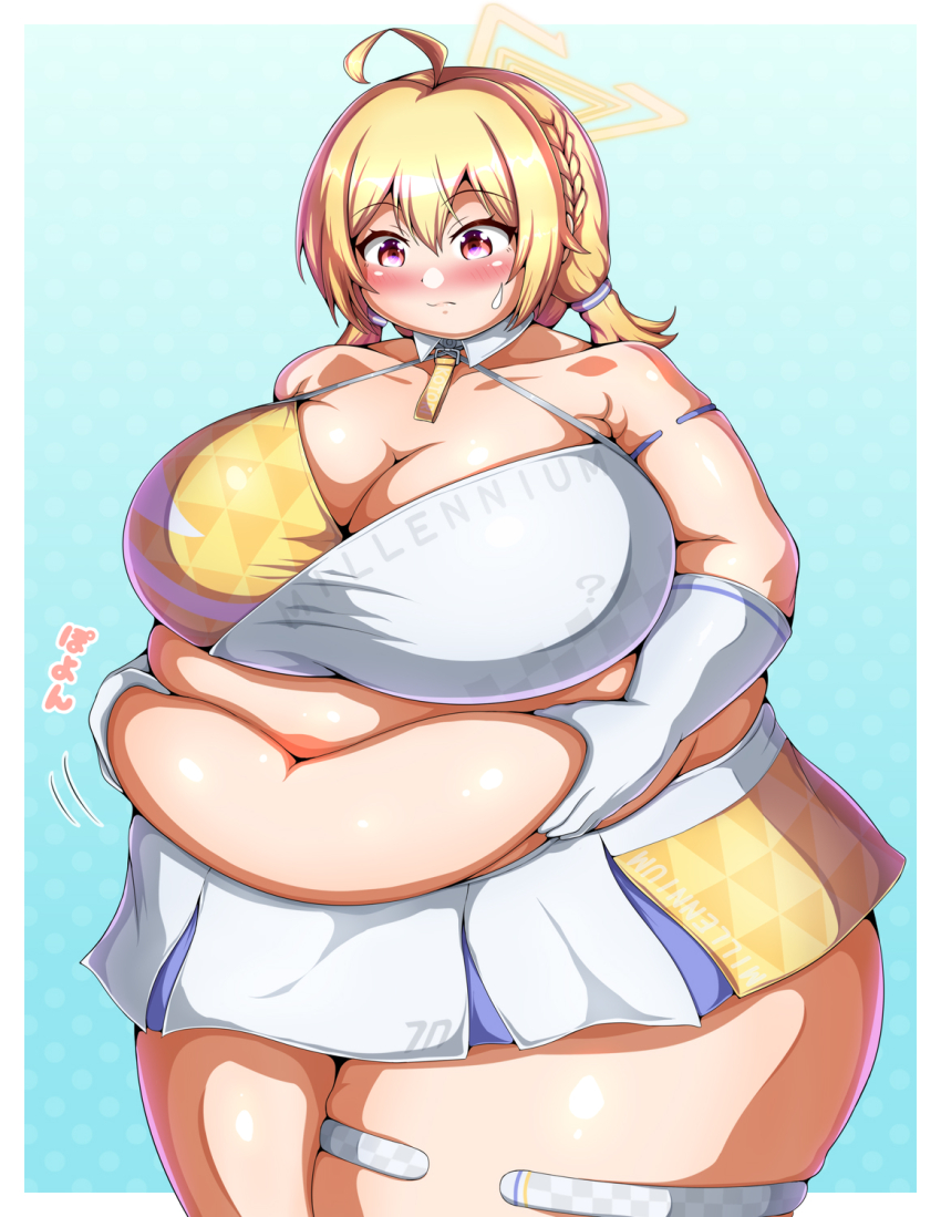 1girl ahoge armband belly_grab blonde_hair blue_archive blue_background blush braid breasts cheerleader cleavage detached_collar fat fat_rolls fat_woman frown gloves halo hands_on_own_stomach highres kotori_(blue_archive) kotori_(cheer_squad)_(blue_archive) large_breasts low_twintails mahira_(pixiv174324) mahrr_(pixiv174324) medium_hair millennium_cheerleader_outfit_(blue_archive) miniskirt navel obese pink_eyes short_twintails side_braid skirt solo standing sweat thick_thighs thigh_strap thighs twintails weight_conscious white_gloves white_skirt