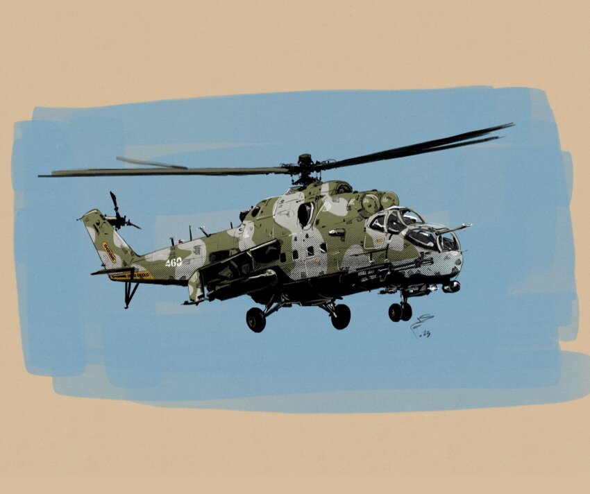 aircraft attack_helicopter fisher_art helicopter highres mi-24 military military_vehicle original outdoors signature sky weapon