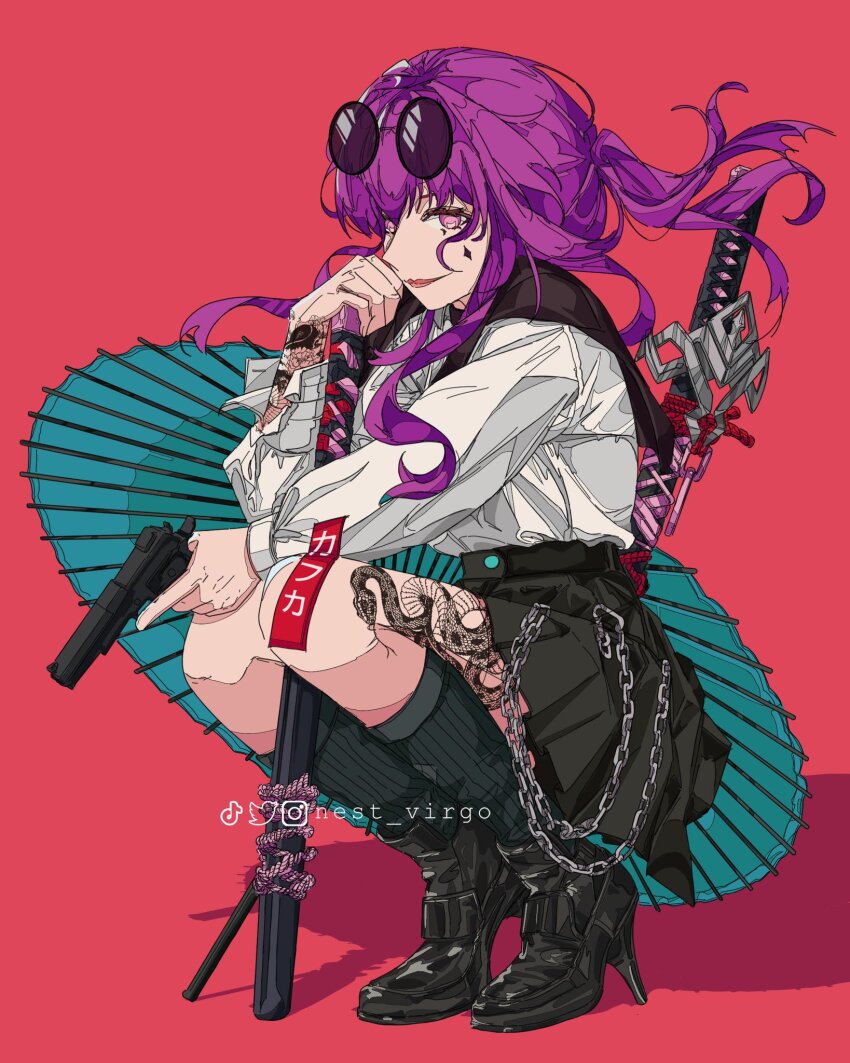 1girl adapted_costume arm_tattoo black_skirt black_socks chain eyewear_on_head facial_mark facial_tattoo gun high-waist_skirt high_heels highres holding holding_gun holding_weapon honkai:_star_rail honkai_(series) kafka_(honkai:_star_rail) leg_tattoo long_hair long_sleeves looking_at_viewer nest_virgo oil-paper_umbrella pink_background pleated_skirt ponytail purple_eyes purple_hair round_eyewear sheath shirt sidelocks simple_background skirt smile snake_tattoo socks solo squatting sunglasses sword tattoo umbrella weapon white_shirt