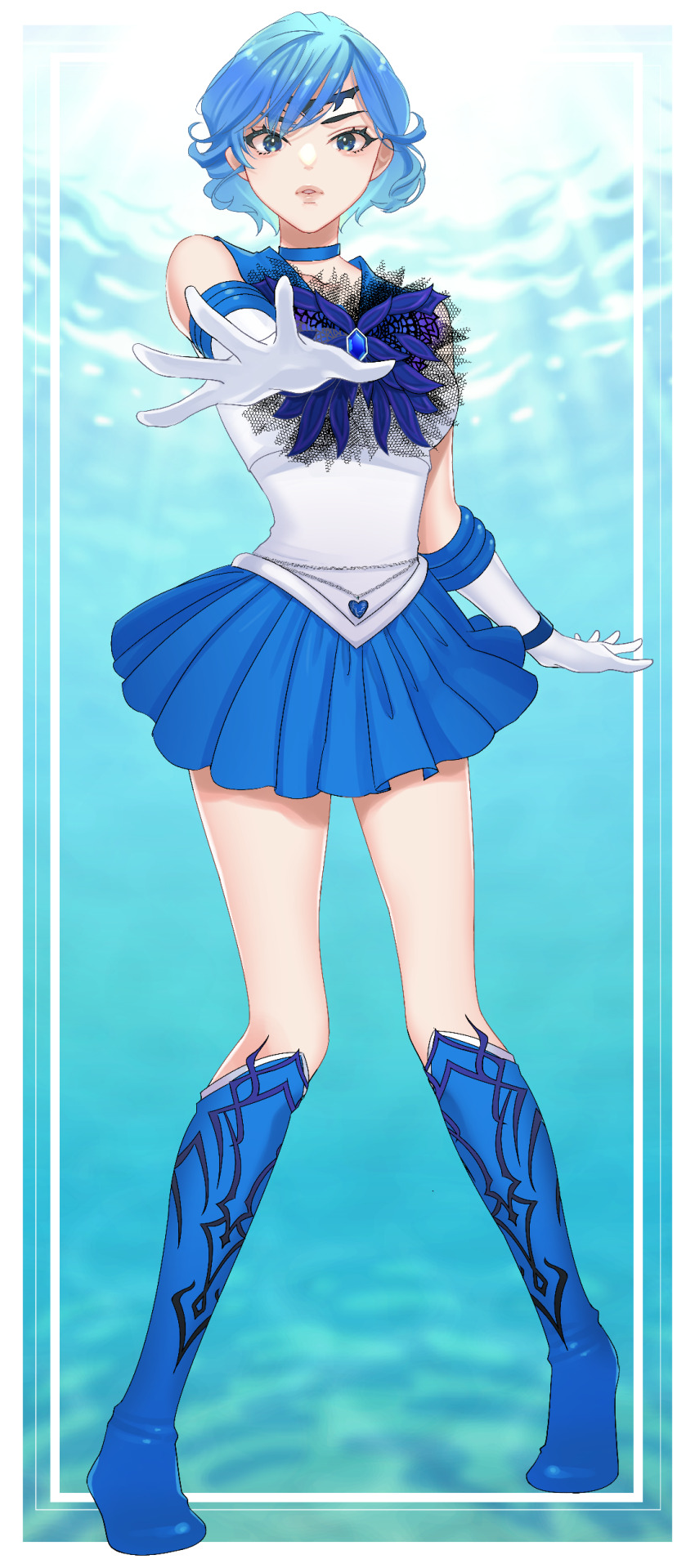 1girl absurdres bishoujo_senshi_sailor_moon blue_boots blue_choker blue_eyes blue_hair blue_sailor_collar blue_skirt blue_theme boots brooch choker circlet commission dark_mercury elbow_gloves expressionless foreshortening full_body gloves highres jewelry jewelry_star_bracelet knee_boots knees_together_feet_apart legs_apart looking_at_viewer mizuno_ami pleated_skirt pretty_guardian_sailor_moon sailor_collar sailor_mercury sailor_senshi_uniform short_hair skeb_commission skirt solo standing vuipui white_gloves