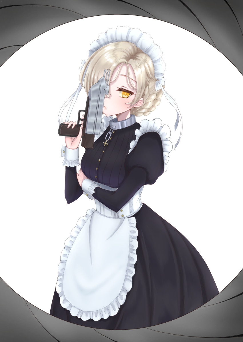 1girl :/ absurdres apron arm_under_breasts azur_lane black_dress blonde_hair braid breasts cotatubo dress expressionless gun gun_barrel_sequence hair_over_one_eye hand_up highres holding holding_gun holding_weapon long_sleeves maid_headdress medium_breasts sheffield_(azur_lane) solo waist_apron weapon white_apron yellow_eyes