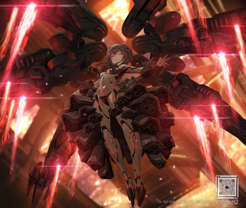1girl android armor armored_core armored_core_vi:_fires_of_rubicon breasts colored_skin full_body glowing glowing_eyes grey_hair highres joints looking_at_viewer mecha_musume mechanical_hair personification plantar_flexion qr_code red_eyes robot_joints sea_spider_(armored_core_vi) small_breasts solo thrusters tom-neko_(zamudo_akiyuki) white_skin