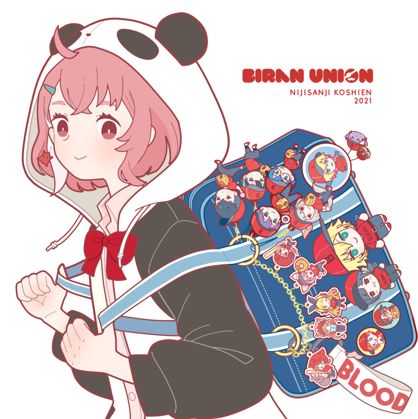 1girl asahina_akane_(nijisanji) backpack bag blush bonnivier_pranaja bow bowtie eli_conifer gilzaren_iii hair_ornament hairclip han_chi_ho highres hood hood_up kenmochi_touya lee_siu leos_vincent looking_at_viewer makaino_ririmu mayuzumi_kai mononobe_alice naruse_naru nijisanji nijisanji_id nijisanji_kr pink_eyes pink_hair red_bow red_bowtie reza_avanluna sasaki_saku sasaki_saku_(1st_costume) short_hair simple_background smile solo suzuka_utako upper_body ushimi_ichigo uzuki_kou virtual_youtuber warabeda_meiji white_background yoshimon