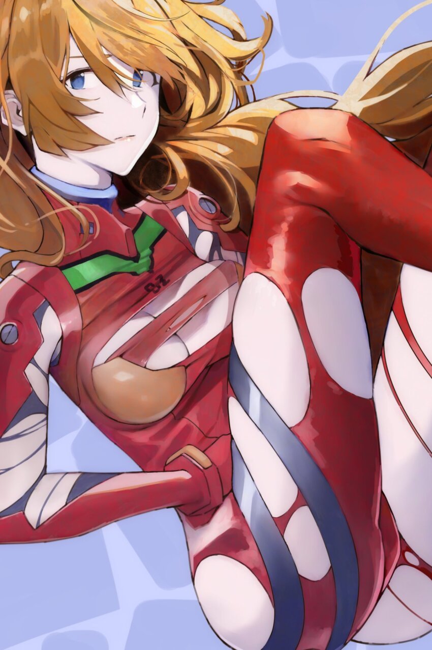 1girl alternate_hair_length alternate_hairstyle blue_eyes bodysuit breasts breasts_squeezed_together brown_hair cleavage evangelion:_3.0+1.0_thrice_upon_a_time hair_down hair_over_one_eye highres lips long_hair looking_at_viewer mecha_pilot_suit neon_genesis_evangelion plugsuit_(evangelion) rebuild_of_evangelion red_bodysuit shiny_clothes shiny_skin smile solo souryuu_asuka_langley torn_bodysuit torn_clothes upper_body very_long_hair wide_hips yagisawa_teru