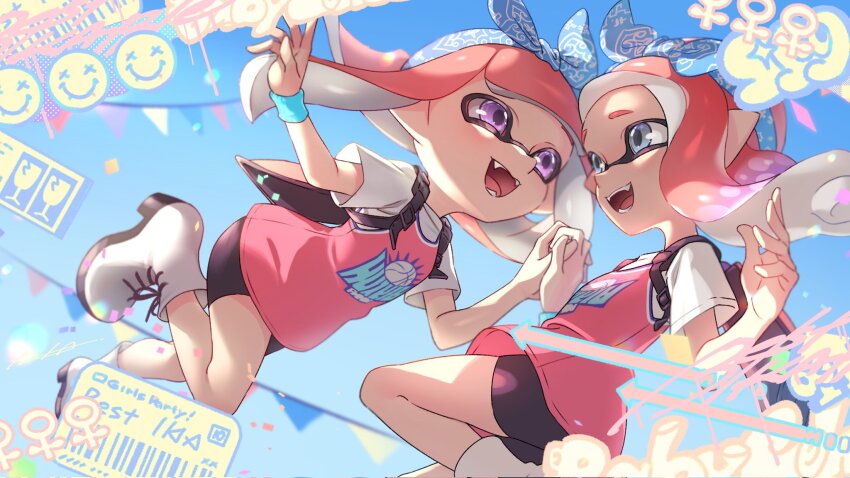 2girls bandana bike_shorts black_shorts blue_background blue_bandana blue_eyes boots commentary_request fangs floating_hair highres holding_hands ink_tank_(splatoon) inkling inkling_girl inkling_player_character iria_(yumeirokingyo) jersey long_hair looking_at_another multiple_girls nintendo open_mouth pink_hair pointy_ears purple_eyes shirt short_sleeves shorts smile splatoon_(series) sweatband t-shirt tentacle_hair white_footwear white_shirt wristband