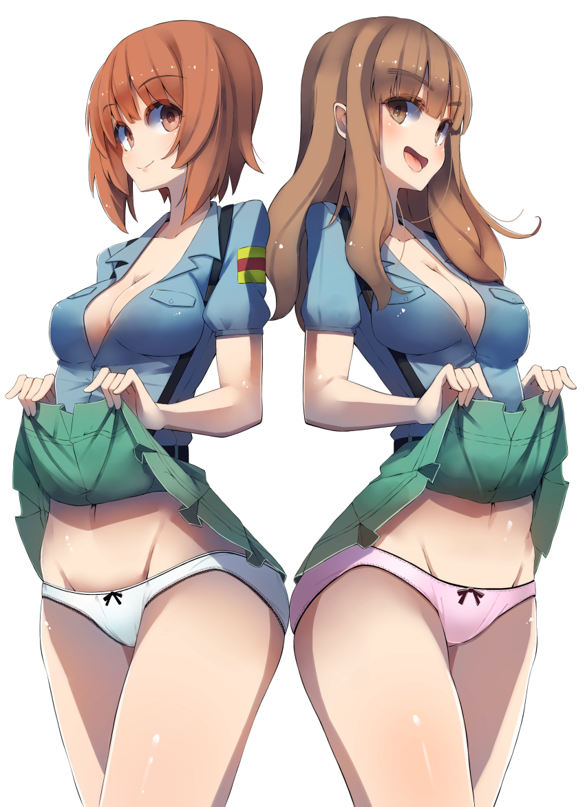 2girls absurdres alternate_costume aoshidan_school_uniform belt black_belt blue_shirt blunt_bangs bow bow_panties breasts brown_eyes brown_hair cleavage closed_mouth clothes_lift collared_shirt commentary cowboy_shot girls_und_panzer green_skirt groin highres lifting_own_clothes long_hair looking_at_viewer medium_breasts multiple_girls navel nishizumi_miho open_mouth panties pink_panties pleated_skirt sattinittas school_uniform shirt short_hair short_sleeves side-by-side simple_background skirt skirt_lift smile spanish_flag standing suspender_skirt suspenders takebe_saori underwear white_background white_panties