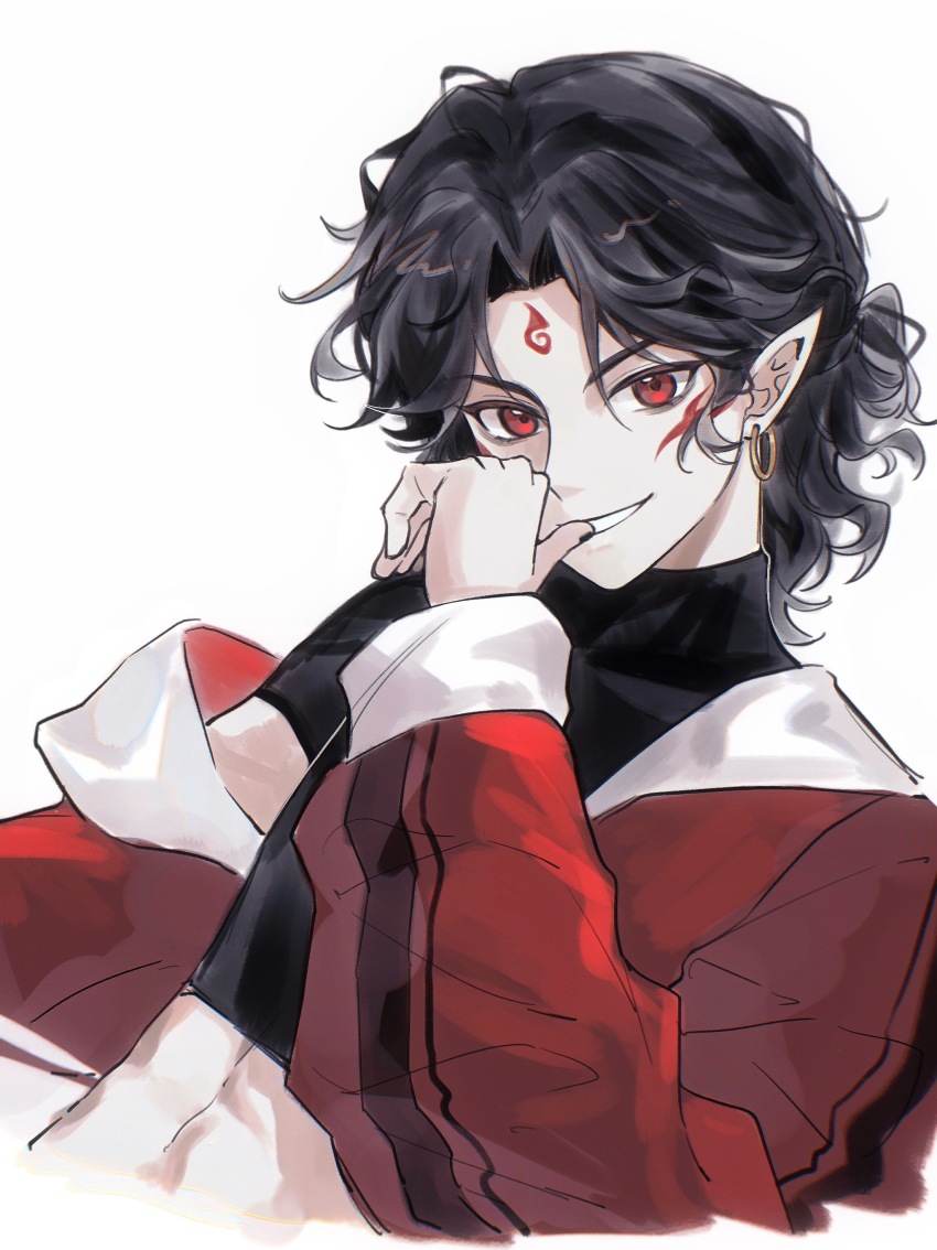1boy absurdres alternate_costume alternate_hairstyle black_hair crop_top earrings facial_mark highres jacket jewelry linlinzi195 looking_at_viewer male_focus midriff nezha_(nezha_zhi_motong_jiangshi) nezha_zhi_motong_jiangshi pointy_ears red_eyes red_jacket short_hair smile solo upper_body white_background