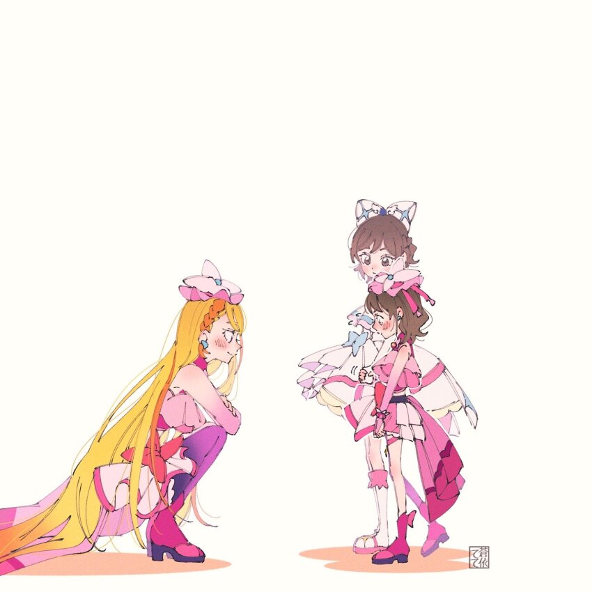 3girls aoi_tete artist_logo ascot blonde_hair boots bow bow_skirt braid braided_bangs bridal_gauntlets brooch brown_eyes brown_hair butterfly_hat_ornament closed_mouth cosplay crossed_arms cure_butterfly cure_butterfly_(cosplay) cure_prism cure_prism_(cosplay) dress dress_bow earrings elbow_gloves elbows_on_knees flying_sweatdrops gloves hair_bow hat hat_ornament high_heel_boots high_heels highres hijiri_ageha hirogaru_sky!_precure holding_hands jewelry layered_dress light_frown logo long_hair looking_at_another looking_back magical_girl microskirt midriff mob_cap motion_lines multiple_girls orange_hair pantyhose pink_boots pink_gloves pink_headwear pink_skirt precure purple_eyes purple_pantyhose shirt short_hair showgirl_skirt simple_background skirt sleeveless sleeveless_shirt squatting standing standing_on_one_leg thigh_strap very_long_hair white_ascot white_background white_bow white_dress wing_brooch
