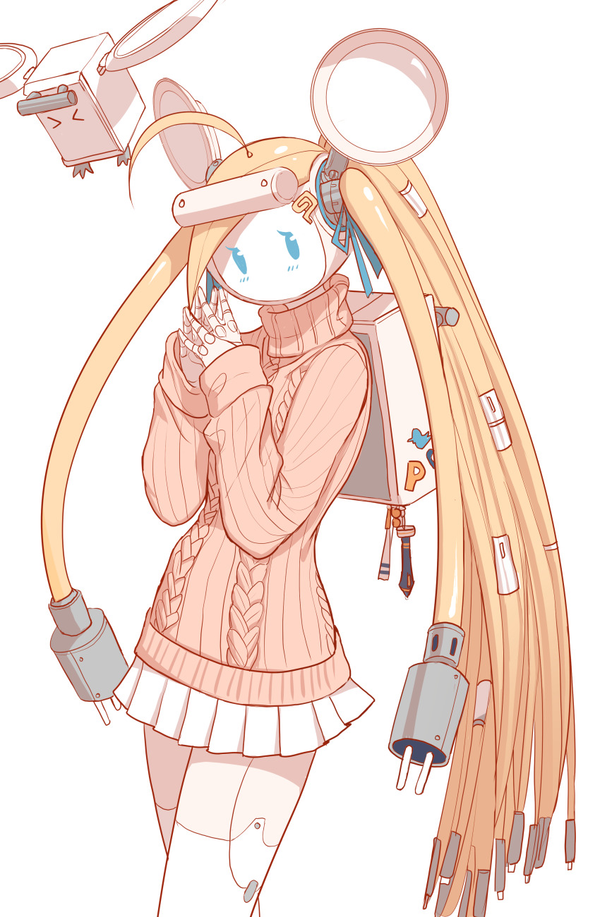 &gt;_&lt; 1girl absurdres aqua_eyes backpack bag blonde_hair blush cowlick dishes dishwasher1910 dress electrical_connector fingers_together hair_ornament hairclip headgear highres long_hair looking_at_viewer non-humanoid_robot original robot robot_animal skirt sticker thighhighs turtleneck turtleneck_dress zettai_ryouiki
