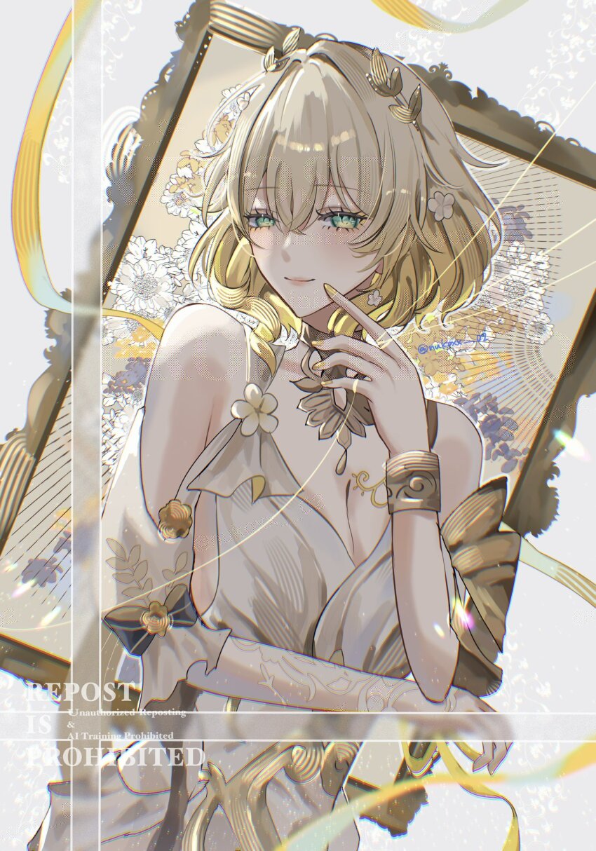 1girl aglaea_(honkai:_star_rail) blonde_hair breast_tattoo breasts cleavage dress gold_tattoo green_eyes highres honkai:_star_rail honkai_(series) large_breasts laurel_crown looking_at_viewer nukoxx_02 painting_(object) picture_frame short_hair smile tattoo thread twitter_username white_dress yellow_nails