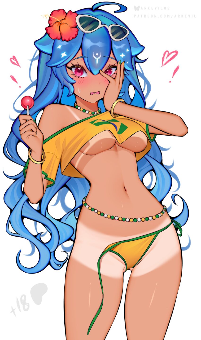! 1girl ahoge alternate_costume ark_evil02 bangle bao_(vtuber) bead_necklace beads bikini blue_hair bluesky_username blush bracelet brazilian_flag brazilian_flag_print brazilian_miku brazilian_miku_(cosplay) breasts candy commentary cosplay cowboy_shot cropped_shirt curly_hair double-parted_bangs eyelashes eyewear_on_head fingernails flag_print flower food gluteal_fold green_nails hair_flower hair_ornament hand_on_own_face hands_up hatsune_miku heart highres holding holding_candy holding_food holding_lollipop indie_virtual_youtuber jewelry lollipop looking_at_viewer nail_polish navel necklace no_bra open_mouth orca_girl patreon_username red_eyes shirt shirt_overhang short_sleeves shy side-tie_bikini_bottom single_off_shoulder small_breasts solo stomach sunglasses swimsuit tan tanline thighs underboob untied_bikini_bottom virtual_youtuber vocaloid white-framed_eyewear white_background yellow_bikini yellow_nails yellow_shirt