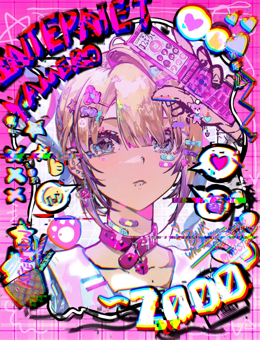 1girl absurdres bandaid bandaid_on_neck blonde_hair blue_hair blunt_bangs border calling chouzetsusaikawa_tenshi-chan collar colored_tips english_text food glitch grid_background heart highres holding holding_phone ice_cream kelezi looking_at_viewer multicolored_hair needy_girl_overdose numbered open_mouth phone pien_cat_(needy_girl_overdose) pink_border pink_collar quad_tails sailor_collar saturated solo speech_bubble spoken_expression thumbs_up upper_body wide-eyed x