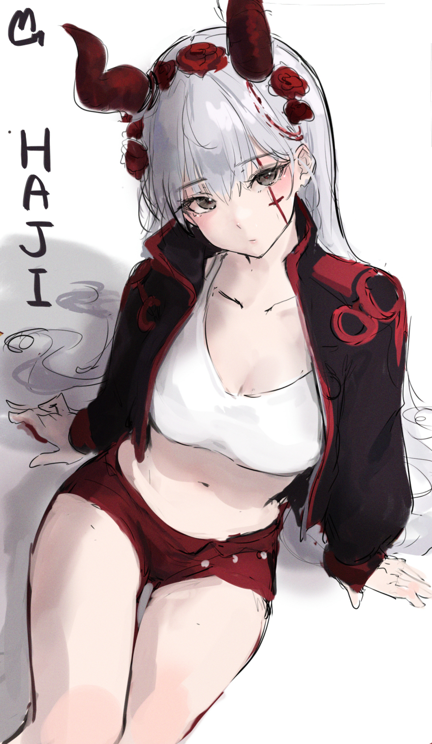 1girl absurdres bbeedol black_jacket breasts commission crop_top demon_horns facial_mark grey_eyes highres horns jacket large_breasts midriff navel open_clothes open_jacket original red_shorts shirt short_shorts shorts sleeveless sleeveless_shirt solo stomach thighs white_hair white_shirt