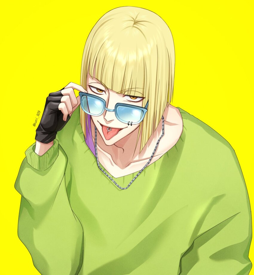 1boy :p adjusting_eyewear alternate_costume bespectacled black_gloves bleach blonde_hair blue-framed_eyewear blue-tinted_eyewear blunt_bangs blunt_ends bob_cut brown_eyes casual closed_mouth collarbone commentary english_commentary fingerless_gloves glasses gloves green_sweater hand_up highres hirako_shinji kuni_929 long_sleeves looking_at_viewer male_focus medium_hair piercing simple_background smile solo straight_hair sunglasses sweater tinted_eyewear tongue tongue_out tongue_piercing tsurime twitter_username upper_body upturned_eyes yellow_background