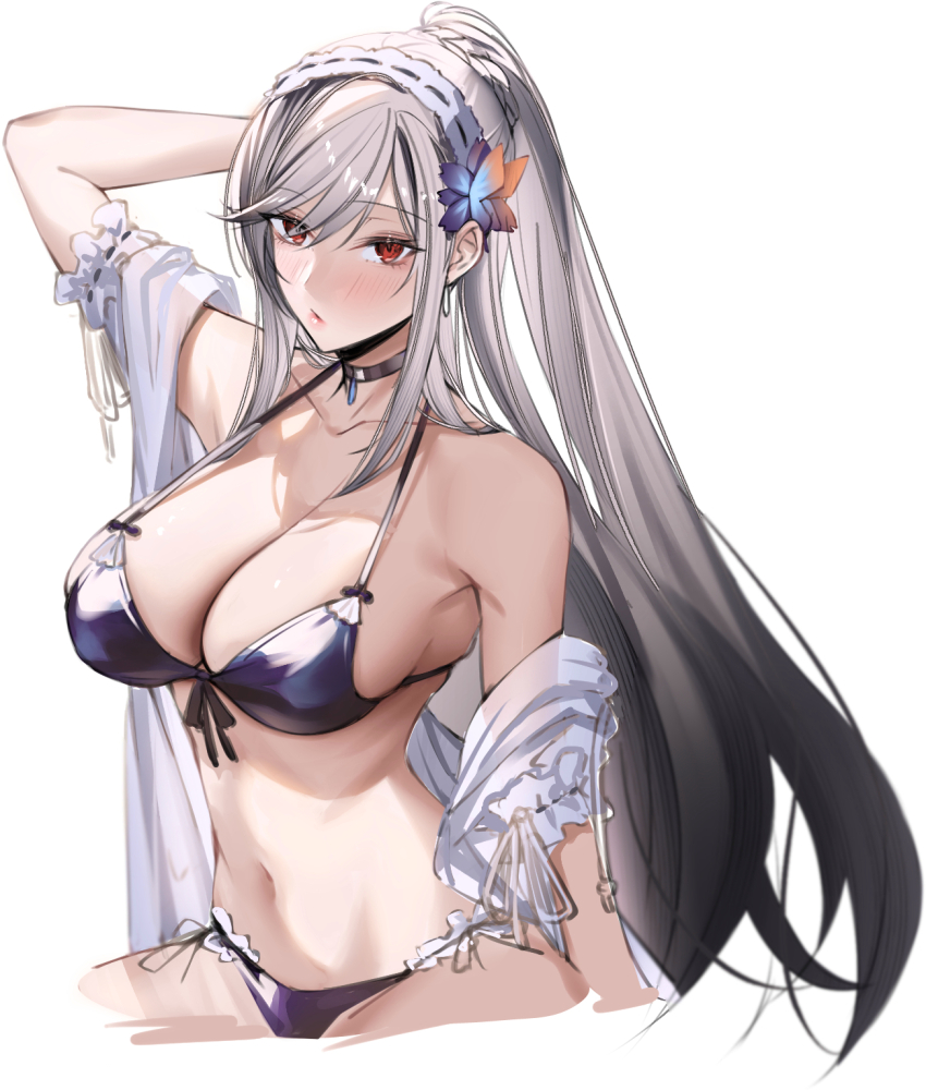 1girl arm_behind_head arm_up azur_lane bare_shoulders bikini black_choker black_hair blue_flower blush breasts choker closed_mouth collarbone cropped_legs dunkerque_(azur_lane) dunkerque_(summer_sucre)_(azur_lane) eichi_(yashokuya) flower gradient_hair grey_hair hair_flower hair_ornament hairband high_ponytail highres large_breasts lips long_hair looking_at_viewer multicolored_hair navel official_alternate_costume ponytail purple_bikini red_eyes simple_background sketch solo stomach swept_bangs swimsuit white_background white_hairband