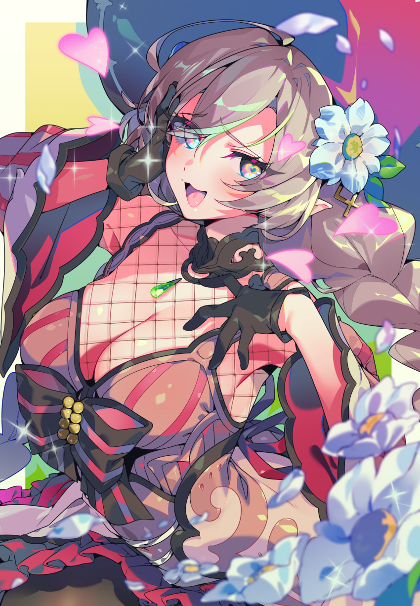 1girl black_choker black_gloves black_pantyhose blue_eyes breasts brown_hair chestnut_mouth choker cleavage commentary detached_sleeves dress english_commentary fishnet_fabric fishnet_top fishnets flower gem gloves green_gemstone hair_flower hair_ornament heart heart-shaped_pupils highres large_breasts ludmila_(rune_factory) naso4 open_mouth pantyhose pendant_choker pink_dress rune_factory rune_factory_5 short_hair solo symbol-shaped_pupils white_flower wide_sleeves