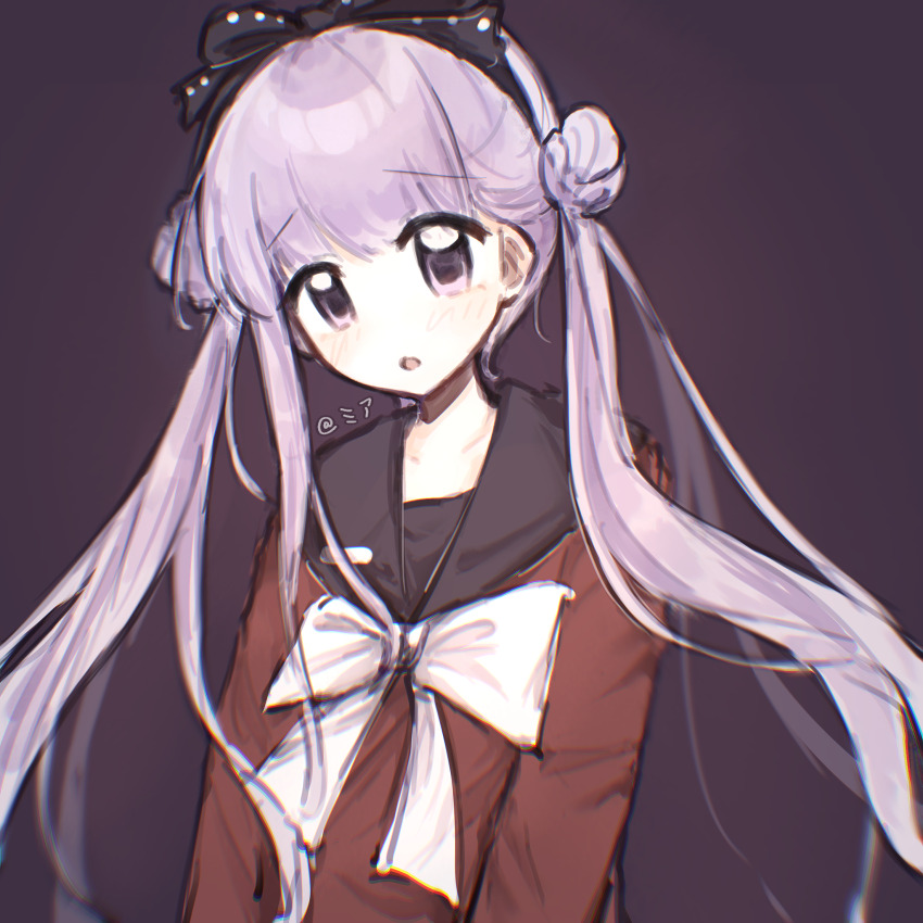 1girl black_bow black_hairband black_sailor_collar bow bowtie chinese_commentary chromatic_aberration commentary_request double_bun hair_bow hair_bun hairband highres kanzaki_mia long_hair long_sleeves open_mouth pink_eyes pink_hair purple_background red_shirt sailor_collar sailor_shirt shirt solo tareme the_hundred_line_-last_defense_academy- tsukumo_kako twintails upper_body white_bow white_bowtie