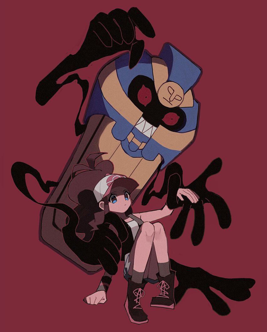 1girl 950magi618 absurdres antenna_hair baseball_cap black_footwear black_vest blue_eyes blue_shorts boots brown_hair cofagrigus cutoffs film_grain gen_5_pokemon hat highres hilda_(pokemon) long_hair nintendo open_clothes open_vest pokemon pokemon_(creature) pokemon_bw ponytail red_background shirt shorts vest white_shirt wristband