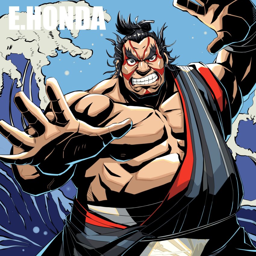 1boy abs arms_up bare_pectorals bare_shoulders black_hair commentary_request cowboy_shot e._honda facepaint fine_art_parody grey_eyes highres kanagawa_okinami_ura kumo33 looking_at_viewer male_focus multicolored_clothes muscular muscular_male ocean parody pectorals robe street_fighter street_fighter_6 sumo thick_eyebrows topknot waving