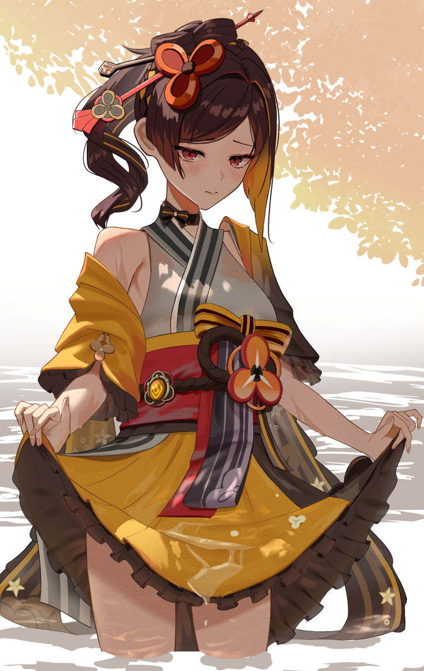 1girl absurdres bare_shoulders blush brown_hair chiori_(genshin_impact) closed_mouth clothes_lift commentary_request drill_hair drill_ponytail genshin_impact geo_symbol_(genshin_impact) grey_kimono hair_ornament hair_stick highres japanese_clothes kimono looking_at_viewer multicolored_hair neck_ribbon obi oiro_ik orange_eyes red_sash ribbon sash skirt skirt_hold solo thighs vision_(genshin_impact) wading water water_drop wavy_mouth wet wet_clothes