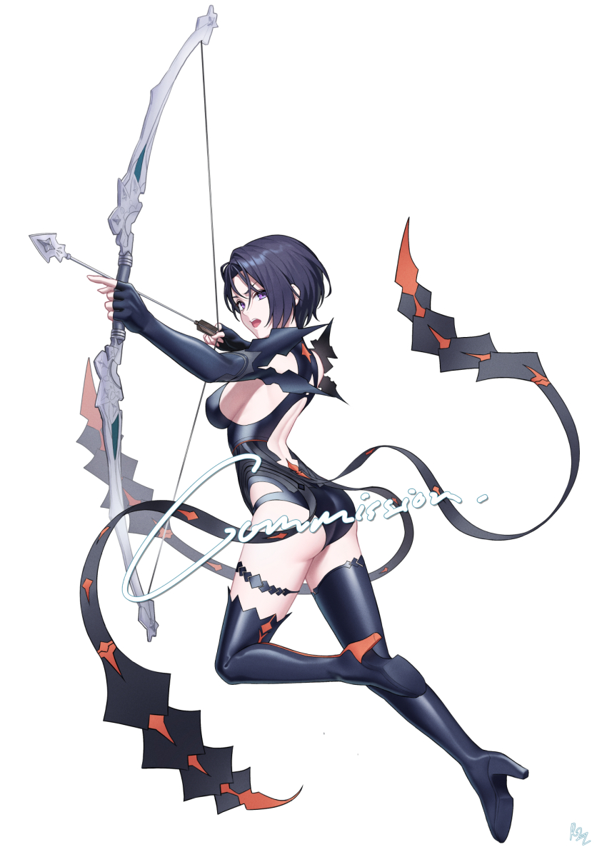 1girl aiming alternate_costume arrow_(projectile) ass backless_leotard bare_shoulders black_boots black_gloves black_hair black_leotard boots bow_(weapon) breasts commentary commission cosplay covered_erect_nipples dhokidoki elbow_gloves fingerless_gloves fire_emblem fire_emblem:_three_houses from_behind full_body gloves high_heel_boots high_heels highres holding holding_bow_(weapon) holding_weapon kronya_(fire_emblem) kronya_(fire_emblem)_(cosplay) leotard looking_to_the_side medium_breasts nintendo open_mouth purple_eyes shamir_nevrand short_hair sideboob simple_background solo thigh_boots v-shaped_eyebrows weapon white_background