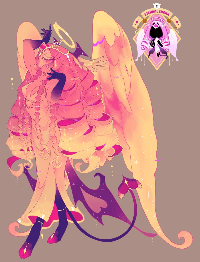 1girl angel angel_wings black_skin colored_skin commentary cookie_run cookie_run:_kingdom demon_girl demon_wings dress eternal_sugar_cookie gradient_skin hashtag-only_commentary highres hooves long_hair lovelyshiz pink_hair pink_skin solo wings