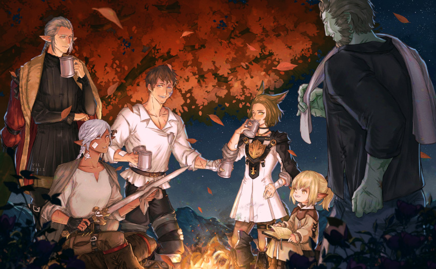 3boys 3girls animal_ears ardbert_hylfyst bandage_on_face bandaged_arm bandages blonde_hair branden_(ff14) brown_hair campfire cat_ears cat_tail cup cyella elezen elf final_fantasy final_fantasy_xiv hyur jacket jacket_on_shoulders lalafell lamitt leaf miqo&#039;te mug multiple_boys multiple_girls night nyelbert pointy_ears polishing renda-rae roegadyn sitting smile standing sword tail tree weapon yil
