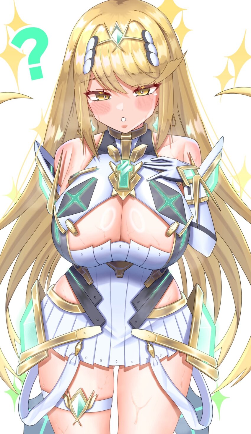 1girl ? bare_shoulders blonde_hair blush breasts chest_jewel cleavage core_crystal_(xenoblade) cowboy_shot dress highres large_breasts long_hair meipasuye mythra_(xenoblade) short_dress simple_background skindentation solo sparkle thigh_strap tiara white_background white_dress xenoblade_chronicles_(series) xenoblade_chronicles_2 yellow_eyes