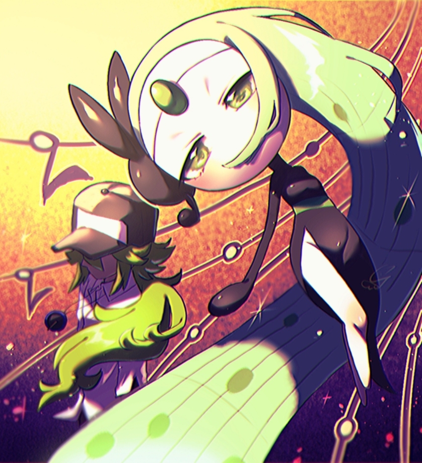 1boy 1girl absurdly_long_hair artist_name asymmetrical_hair baseball_cap black_dress black_headwear blurry blush breasts chromatic_aberration colored_skin depth_of_field dress earpiece faceless faceless_male female_focus floating forehead_jewel full_body gem gen_5_pokemon gradient_background green_eyes green_gemstone green_hair groin hair_over_mouth half-closed_eyes hat highres legendary_pokemon legs long_hair long_sleeves looking_at_viewer matching_hair/eyes meloetta musical_note musical_staff mythical_pokemon n_(pokemon) nintendo no_feet orange_background pokemon pokemon_(creature) pokemon_bw ponytail s_(esumi_kihomaru) shirt signature small_breasts solo_focus thighs very_long_hair white_shirt white_skin