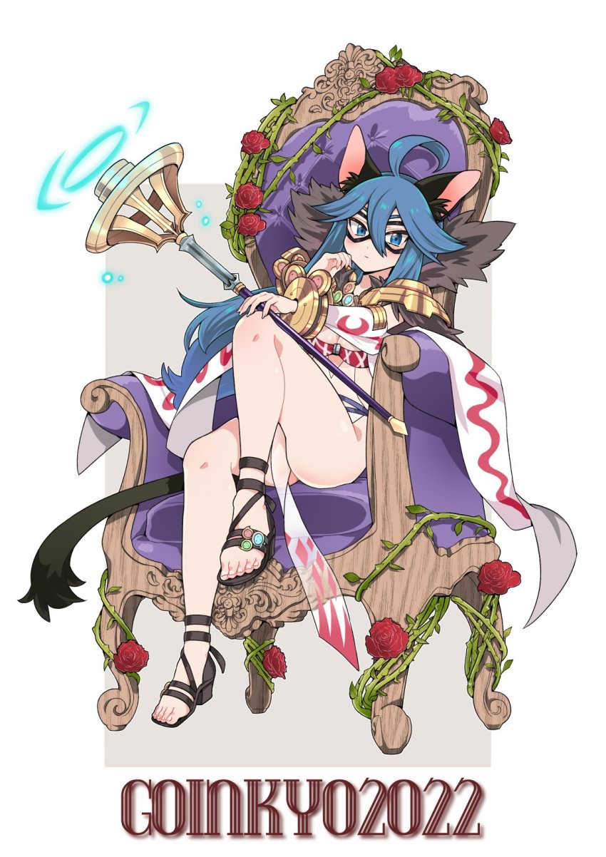 1girl 2022 animal_ears argyle_clothes argyle_dress bangle black_sandals blue_eyes blue_hair blush bracelet breasts cat_ears character_name cleavage closed_mouth commentary_request commission detached_sleeves dress expressionless eye_mask flower full_body fur_collar goinkyo hair_between_eyes highres holding holding_staff jewelry liricolilium long_hair looking_at_viewer medium_breasts pelvic_curtain ragnarok_online red_flower rose sandals see-through_clothes see-through_dress simple_background skeb_commission solo sorcerer_(ragnarok_online) staff thrown white_background white_sleeves