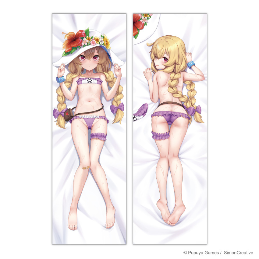 1girl ass bare_back barefoot bikini blonde_hair braid butt_crack collarbone dakimakura_(medium) flat_chest flower from_behind full_body hat highres little_witch_nobeta long_hair looking_at_viewer looking_back lying multiple_views navel nobeta nobeta_(swimsuit_skin) on_back on_stomach open_mouth petite purple_bikini red_eyes stomach swimsuit topless_female twin_braids very_long_hair wet white_hat