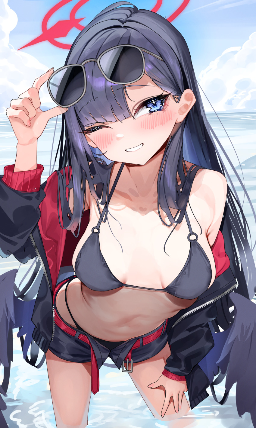 1girl absurdres adjusting_eyewear belt bikini bikini_bottom_under_shorts bikini_under_clothes black_bikini black_hair black_jacket black_shorts black_wings blue_archive eyewear_on_head feathered_wings halo hand_on_eyewear highres ichika_(blue_archive) ichika_(swimsuit)_(blue_archive) jacket long_hair looking_at_viewer low_wings lumium o-ring o-ring_bikini o-ring_top off_shoulder official_alternate_costume one_eye_closed open_clothes open_mouth open_shorts partially_submerged red_belt red_halo shorts smile sunglasses swimsuit unusually_open_eyes wings