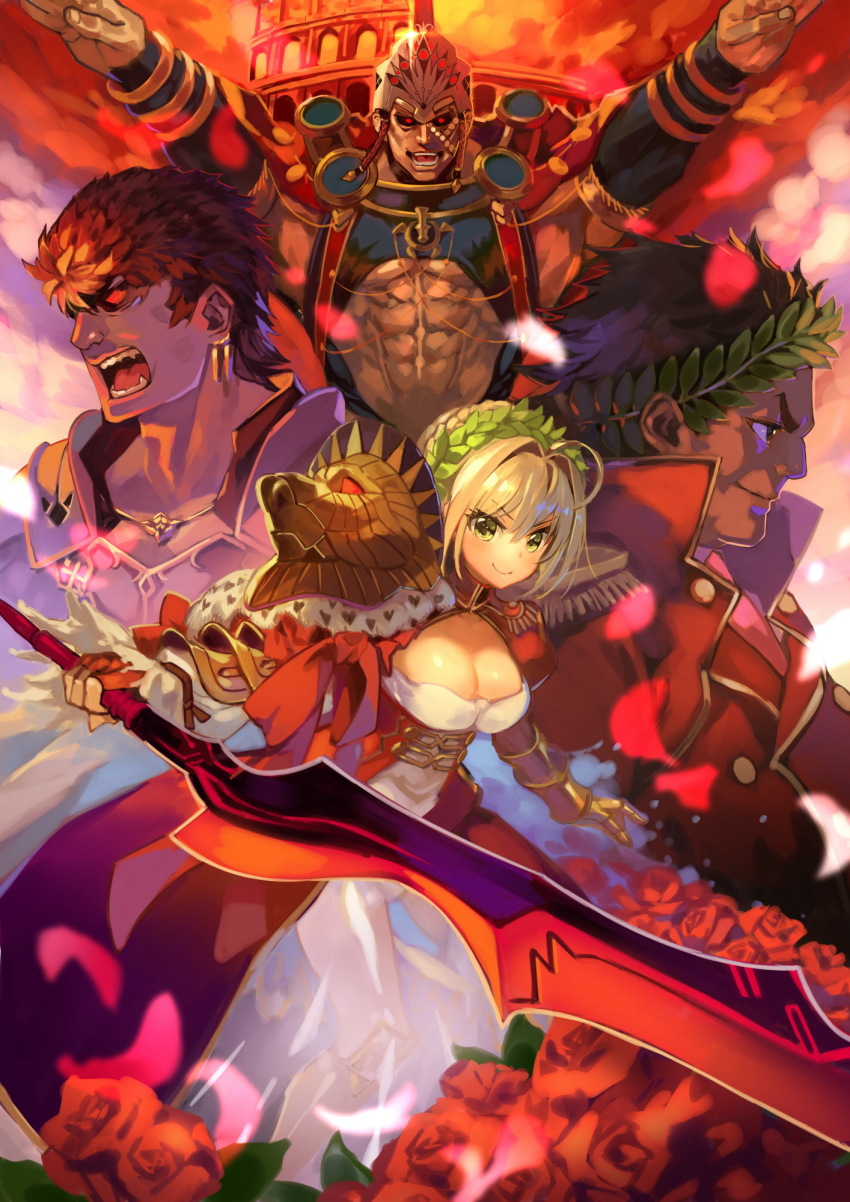 1girl 3boys abs aestus_estus ahoge angry arms_up black_sclera blonde_hair breasts caligula_(fate) chest_harness cleavage colored_sclera colosseum dress epaulettes fate/grand_order fate_(series) flower gaius_julius_caesar_(fate) green_eyes hair_intakes harness highres holding holding_sword holding_weapon laurel_crown leotard looking_at_viewer looking_to_the_side medium_breasts multiple_boys muscular nero_claudius_(fate) nero_claudius_(fate/extra) okishiji_en pectorals petals pixiv_fate/grand_order_contest_2 red_dress red_eyes romulus_(fate) rose see-through_clothes short_hair smile sword t-pose weapon