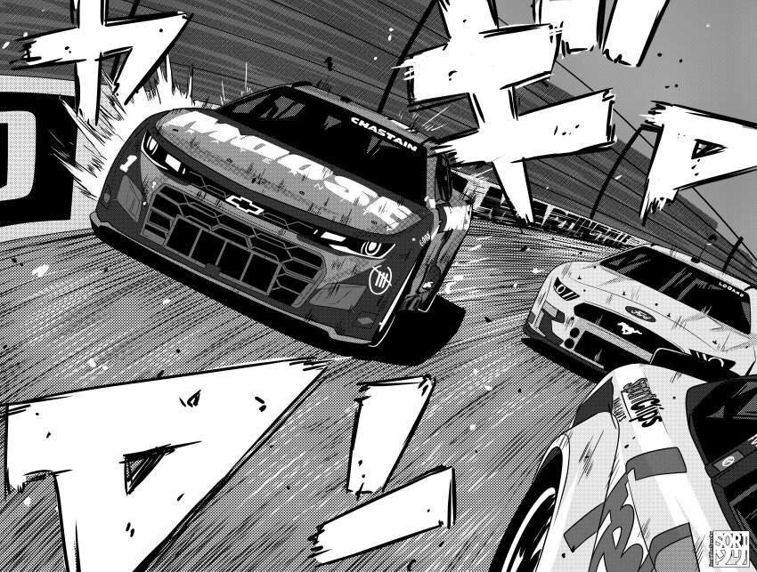 absurdres artist_logo chevrolet chevrolet_camaro commentary english_commentary english_text ford_mustang greyscale highres initial_d logo monochrome motion_lines nascar no_humans parody race_vehicle racetrack racing sorithespooky sound_effects speed_lines sponsor vehicle_focus