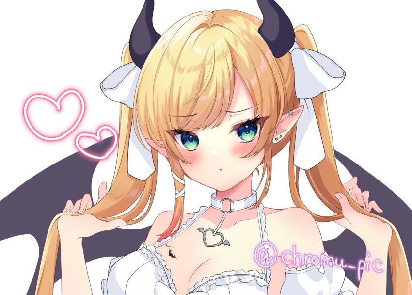1girl bare_shoulders black_horns black_wings blonde_hair bra breast_tattoo breasts cleavage commentary_request demon_girl demon_horns demon_wings ear_piercing heart hololive horns large_breasts long_hair piercing pointy_ears pout shirokumo_chromu simple_background solo tattoo twintails twitter_username underwear upper_body very_long_hair virtual_youtuber white_background white_bra winged_heart_tattoo wings yuzuki_choco