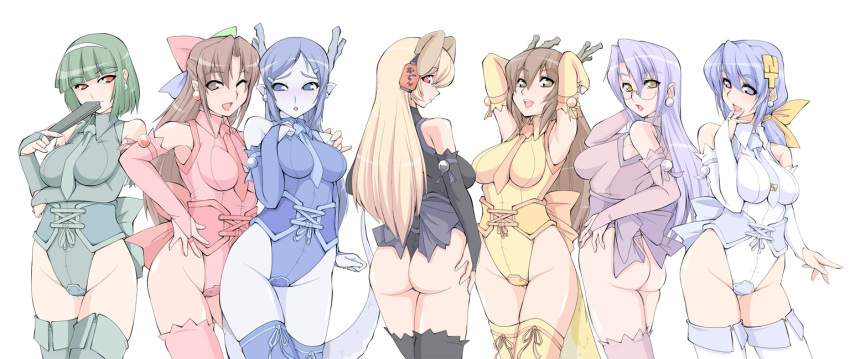 6+girls 95-tan animal_ears armpits arms_behind_head ass bad_id bad_pixiv_id black_leotard blonde_hair blue_eyes blue_hair blue_leotard blue_skin blunt_bangs blush boots bow breasts bridal_gauntlets brown_eyes brown_hair colored_skin cowboy_shot daiginjou dog_ears dragon_girl dragon_horns dragon_tail earrings elbow_gloves embarrassed everyone fingerless_gloves futaba_channel glasses gloves green_hair green_leotard groin hair_ribbon hand_fan hand_on_own_hip hand_on_shoulder hip_focus horns jewelry kiri-san kouryuu_(nijiura_maids) large_breasts leotard long_hair looking_back mama-t monster_girl multiple_girls necktie nijiura_maids nt-tan one-piece_thong one_eye_closed os-tan panties pointy_ears purple_hair red_eyes red_leotard ribbon ruriwo_(ruriwo1894) seiryuu_(nijiura_maids) shibai short_hair sidelocks simple_background tail thigh_boots thighhighs thong underwear white_background white_leotard wink yellow_eyes yellow_leotard