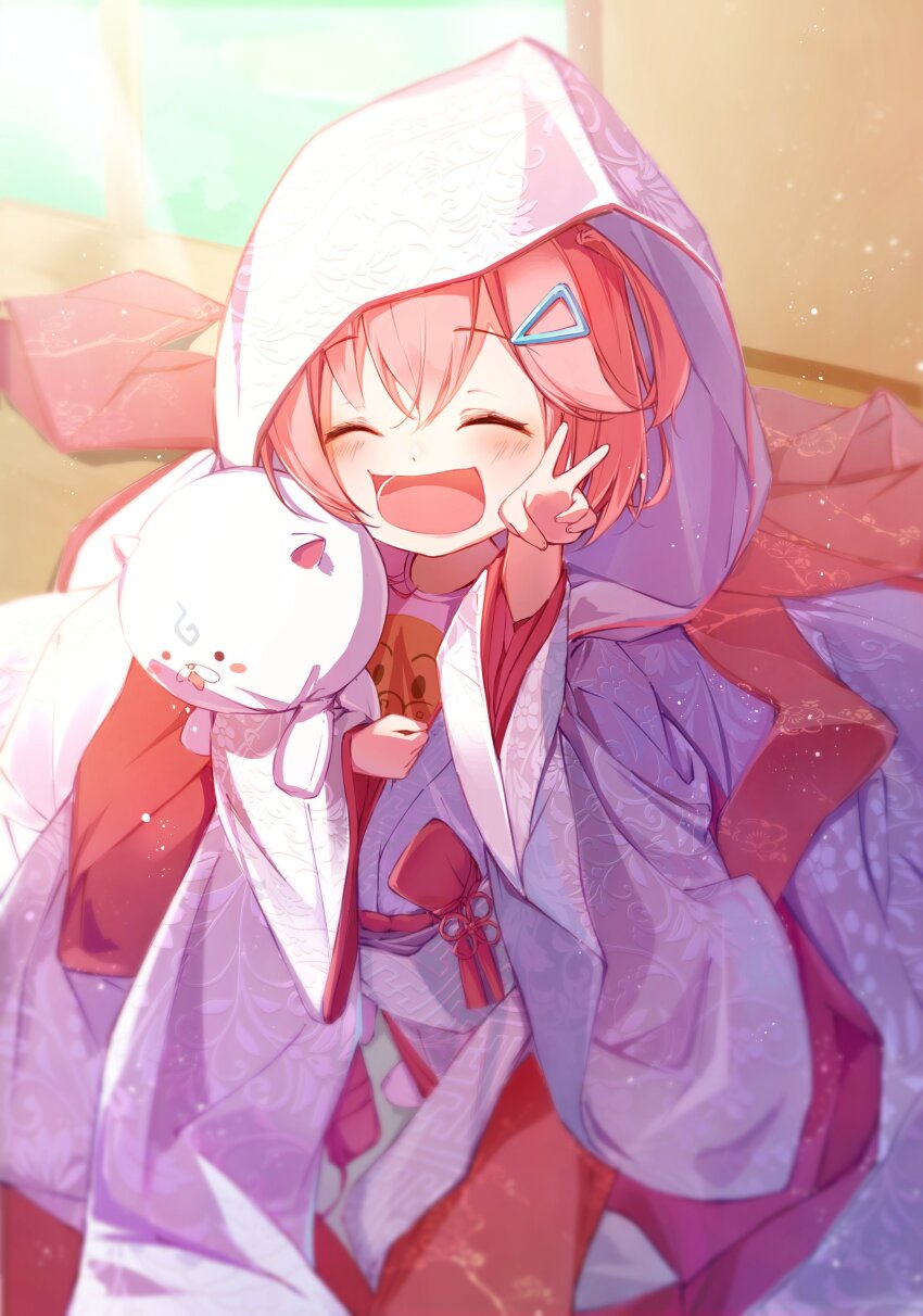 1girl 35p_(sakura_miko) :d absurdres aged_down blush character_doll closed_eyes commentary_request hair_ornament hairclip highres hololive hood hood_up hugging_doll hugging_object japanese_clothes kimono light_particles one_side_up open_mouth oversized_clothes pink_hair sakura_miko short_hair smile solo syafa triangle_hair_ornament uchikake v virtual_youtuber