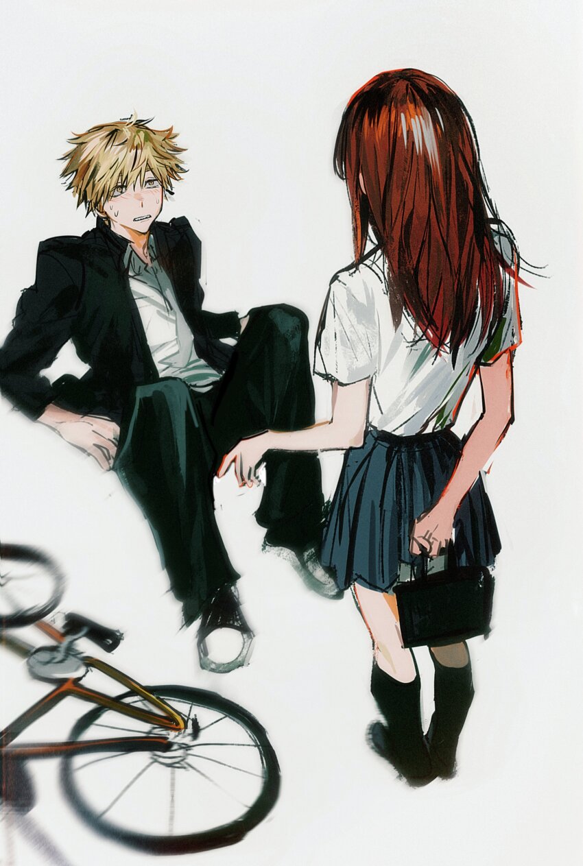 1boy 1girl absurdres arm_behind_back bag bicycle blonde_hair blue_skirt chainsaw_man collared_shirt denji_(chainsaw_man) facing_away highres holding holding_bag lying makima_(chainsaw_man) mkmwyydlp parted_lips pleated_skirt red_hair school_uniform shirt simple_background skirt sweatdrop white_background white_shirt yellow_eyes