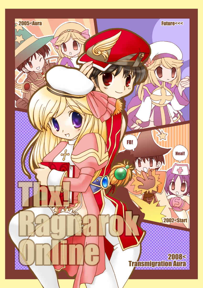 1boy 1girl 2000s_(style) 2002 2005 2008 absurdres acolyte_(ragnarok_online) age_progression arch_bishop_(ragnarok_online) belt black_hair blue_belt book brown_capelet brown_eyes brown_gloves brown_hair brown_hat capelet commentary_request cowboy_shot cross dress frilled_thighhighs frills fujisawa_eil garter_straps gloves green_hat hat high_priest_(ragnarok_online) highres holding holding_book juliet_sleeves long_hair long_sleeves looking_at_viewer mage_(ragnarok_online) newsboy_cap nurse_cap one_eye_closed open_mouth pants pink_dress priest_(ragnarok_online) professor_(ragnarok_online) puffy_sleeves purple_dress purple_eyes purple_hair ragnarok_online red_eyes red_hat red_shirt sage_(ragnarok_online) shirt short_hair sideways_hat smile star_(symbol) star_print tam_(ragnarok_online) thighhighs two-tone_dress white_capelet white_dress white_hat white_pants white_thighhighs witch_hat
