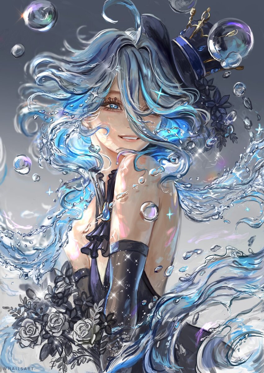 1girl ahoge alternate_costume artist_name ascot bare_shoulders black_ascot black_dress black_flower black_gloves black_hat black_rose blue_eyes blue_gemstone blue_hair bubble commentary dress drop-shaped_pupils elbow_gloves english_commentary eyelashes flower furina_(genshin_impact) gem genshin_impact gloves gradient_background grey_background grey_hair hair_over_one_eye hat hat_flower hat_ornament highres leaf lips looking_at_viewer multicolored_hair rose short_hair simple_background sleeveless sleeveless_dress smile solo sparkle symbol-shaped_pupils teeth top_hat two-tone_hair upper_body water wavy_hair whails white_background white_flower white_rose
