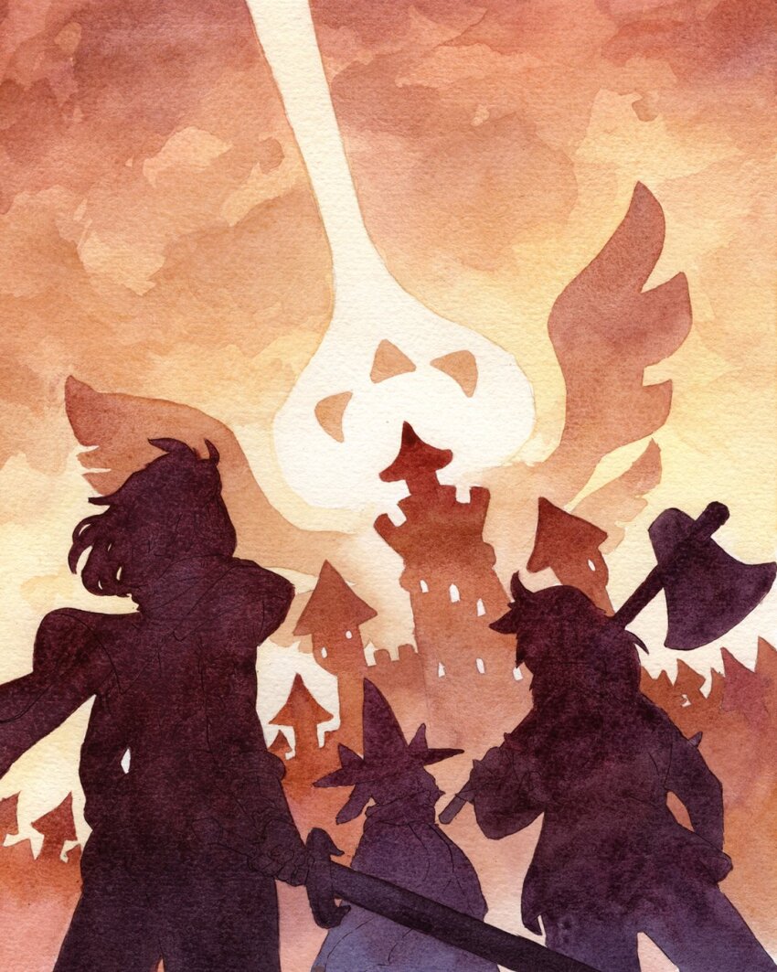 1girl 2boys axe battle_axe building cape castle deltarune hat highres holding holding_axe holding_sword holding_weapon kris_(deltarune) mosqi multiple_boys over_shoulder painting_(medium) ralsei silhouette sky susie_(deltarune) sword traditional_media watercolor_(medium) weapon weapon_over_shoulder wings witch_hat