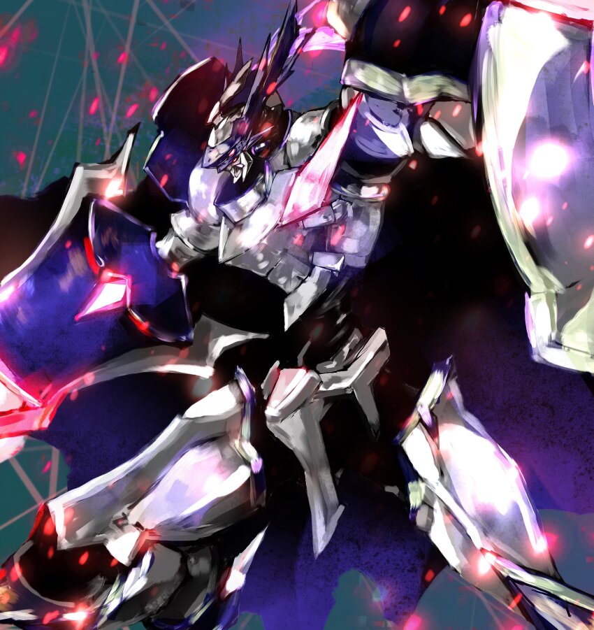 1boy absurdres armor chaosdukemon digimon digimon_(creature) highres holding holding_polearm holding_shield holding_weapon knight name_e04 polearm red_eyes shield solo weapon